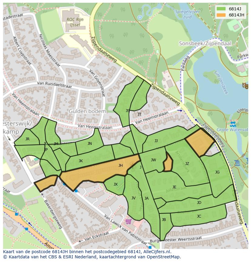 Afbeelding van het postcodegebied 6814 JH op de kaart.