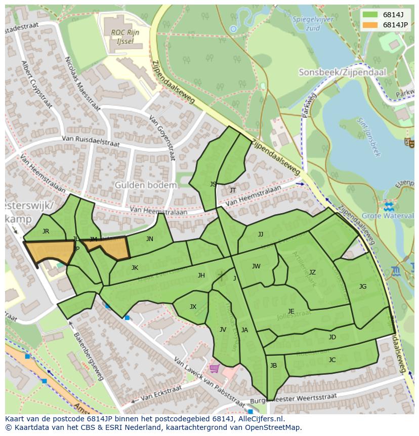 Afbeelding van het postcodegebied 6814 JP op de kaart.