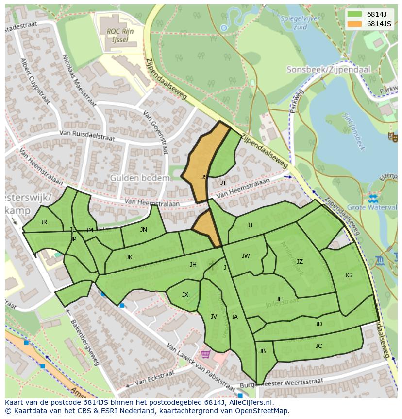 Afbeelding van het postcodegebied 6814 JS op de kaart.