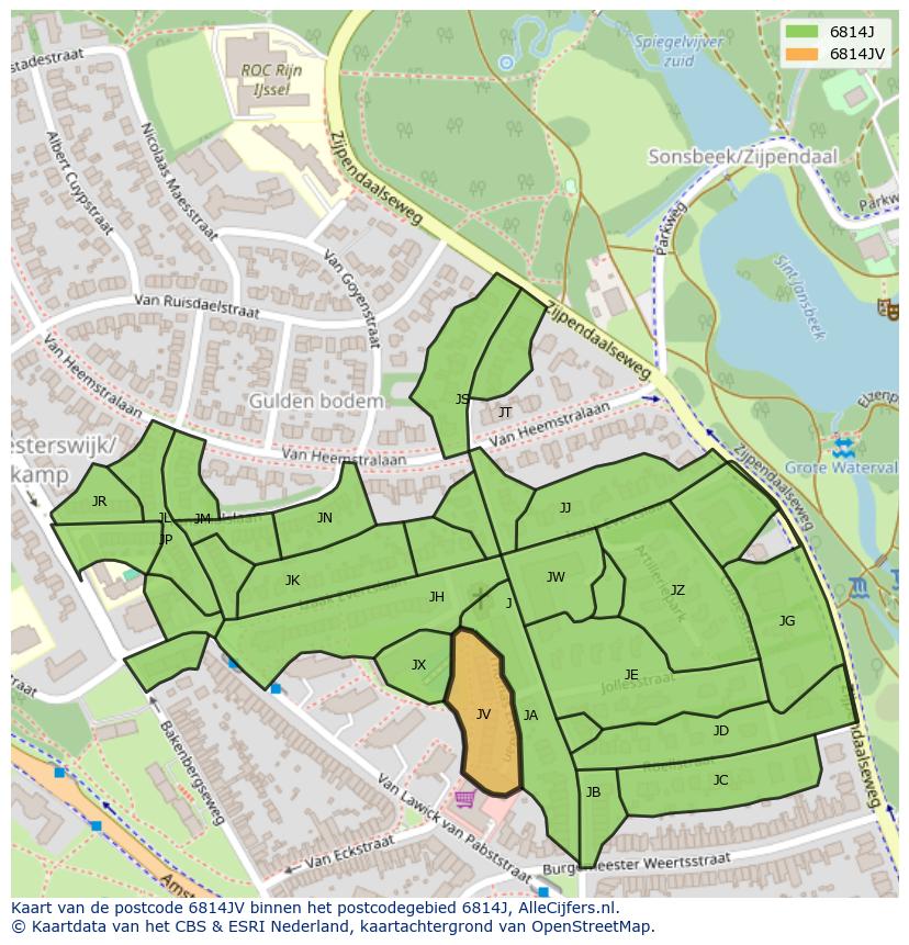 Afbeelding van het postcodegebied 6814 JV op de kaart.