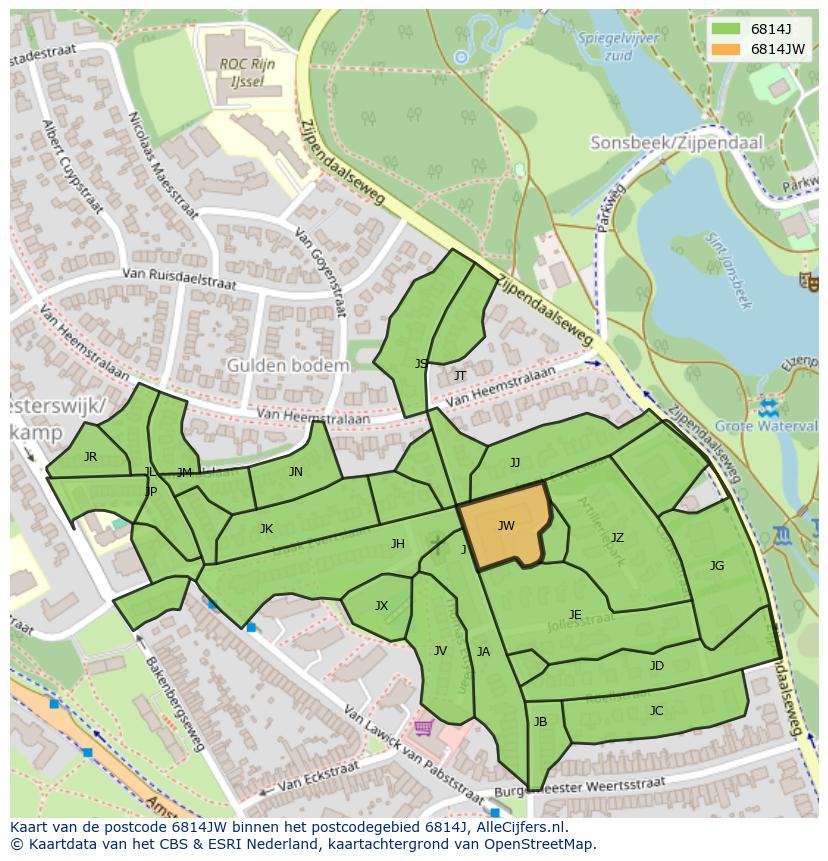 Afbeelding van het postcodegebied 6814 JW op de kaart.