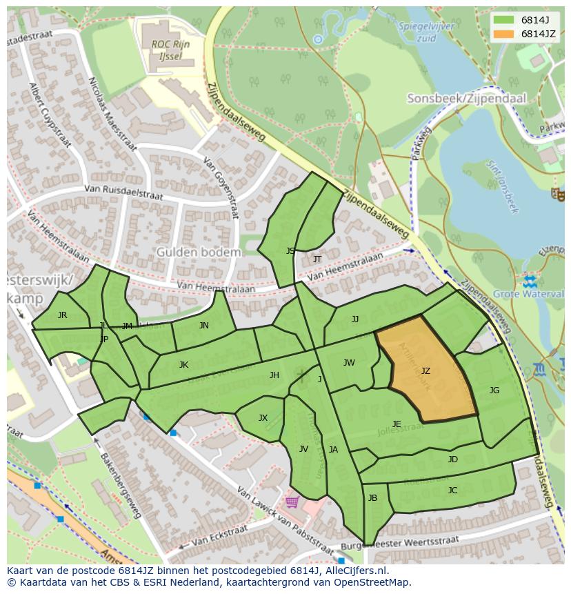Afbeelding van het postcodegebied 6814 JZ op de kaart.