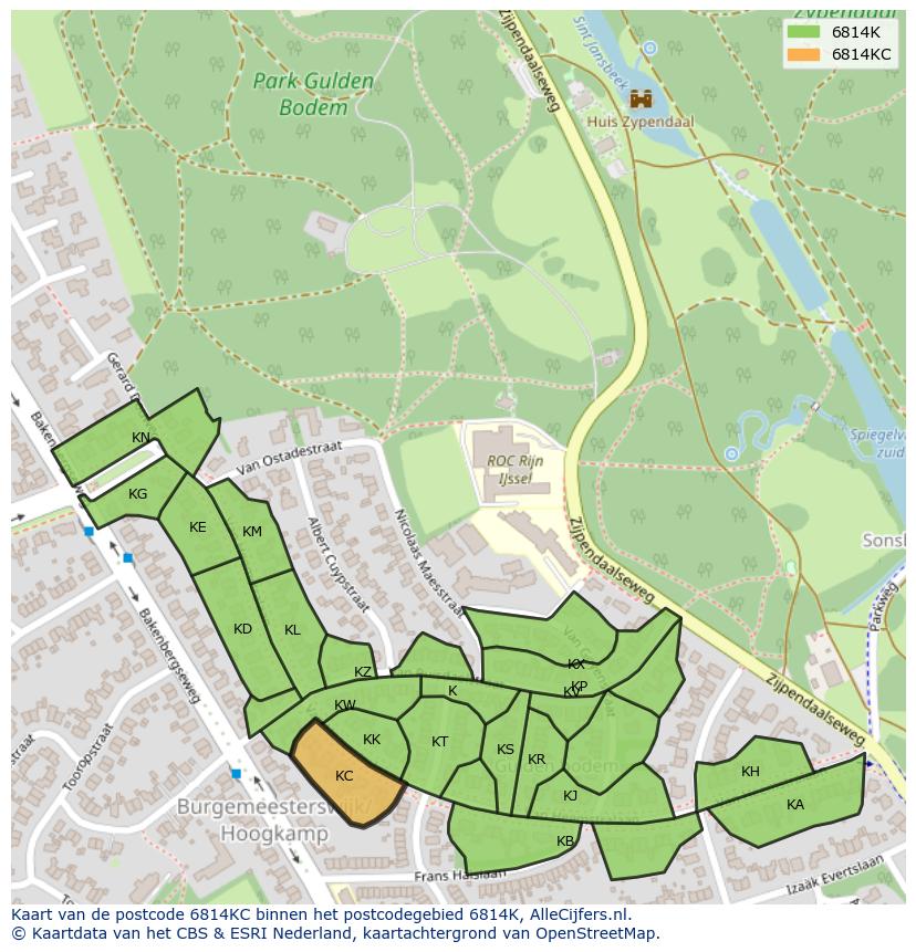 Afbeelding van het postcodegebied 6814 KC op de kaart.