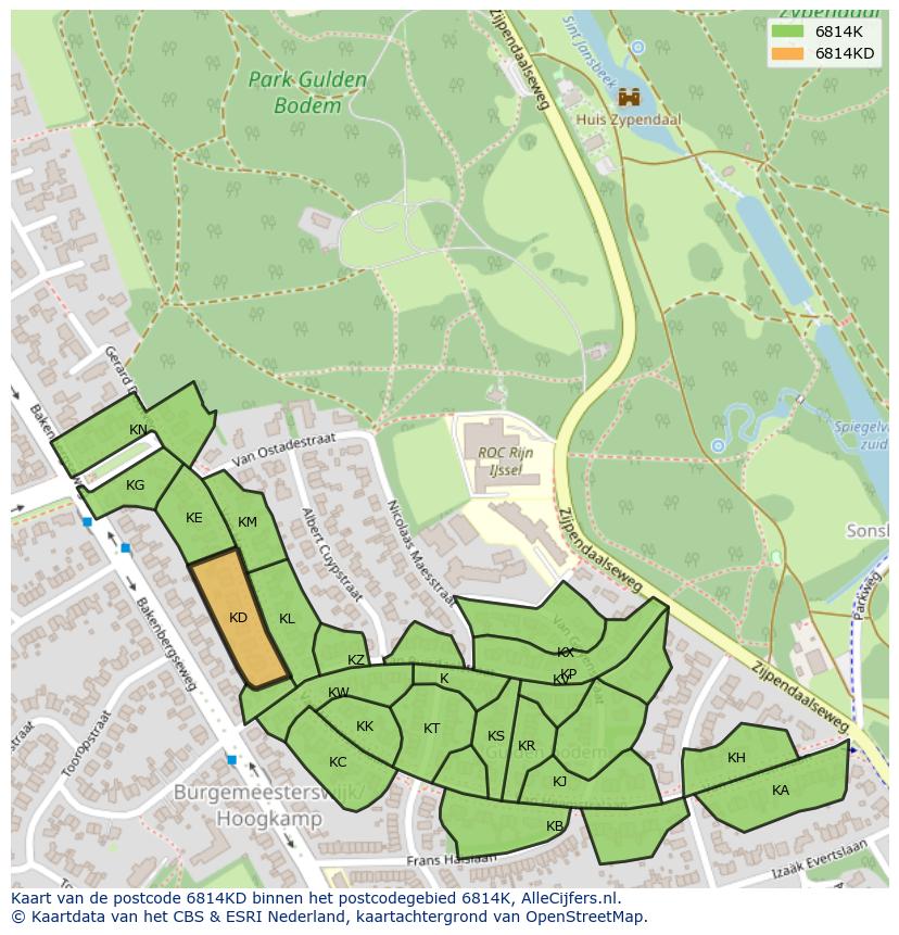 Afbeelding van het postcodegebied 6814 KD op de kaart.