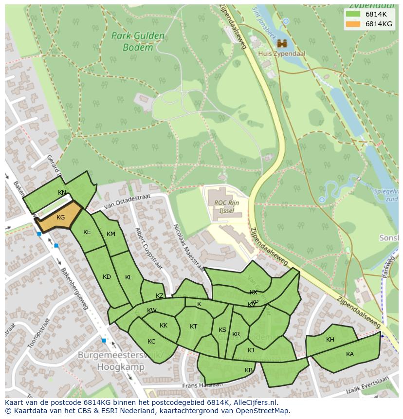 Afbeelding van het postcodegebied 6814 KG op de kaart.