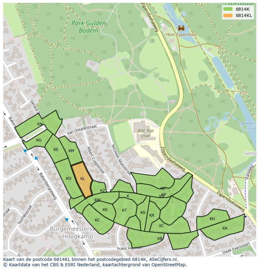 Afbeelding van het postcodegebied 6814 KL op de kaart.