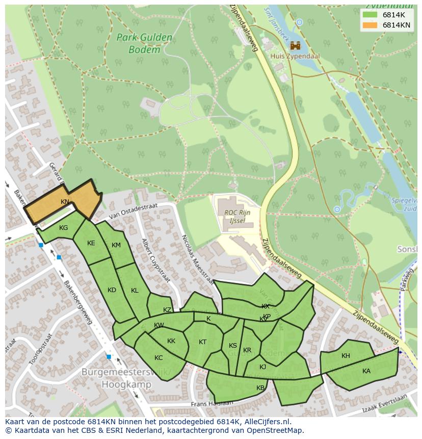 Afbeelding van het postcodegebied 6814 KN op de kaart.