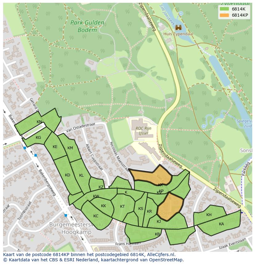 Afbeelding van het postcodegebied 6814 KP op de kaart.