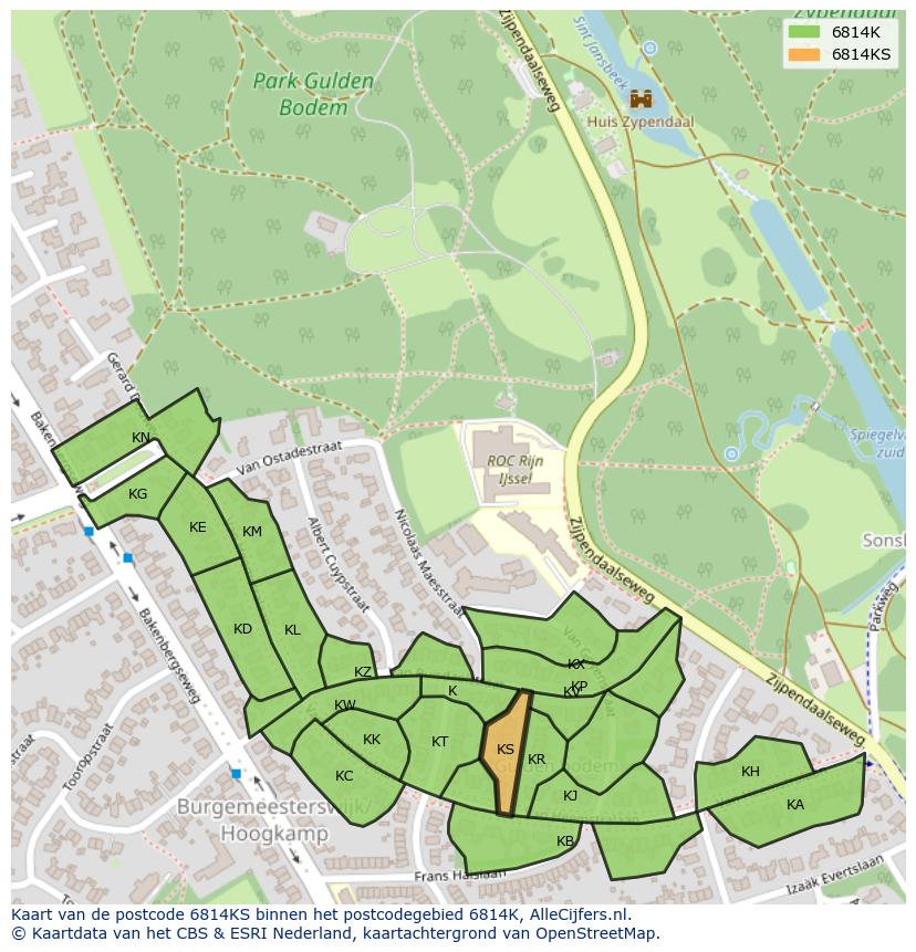 Afbeelding van het postcodegebied 6814 KS op de kaart.