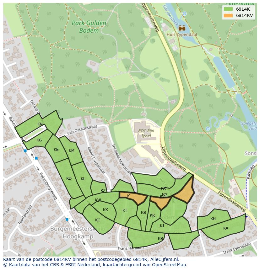 Afbeelding van het postcodegebied 6814 KV op de kaart.