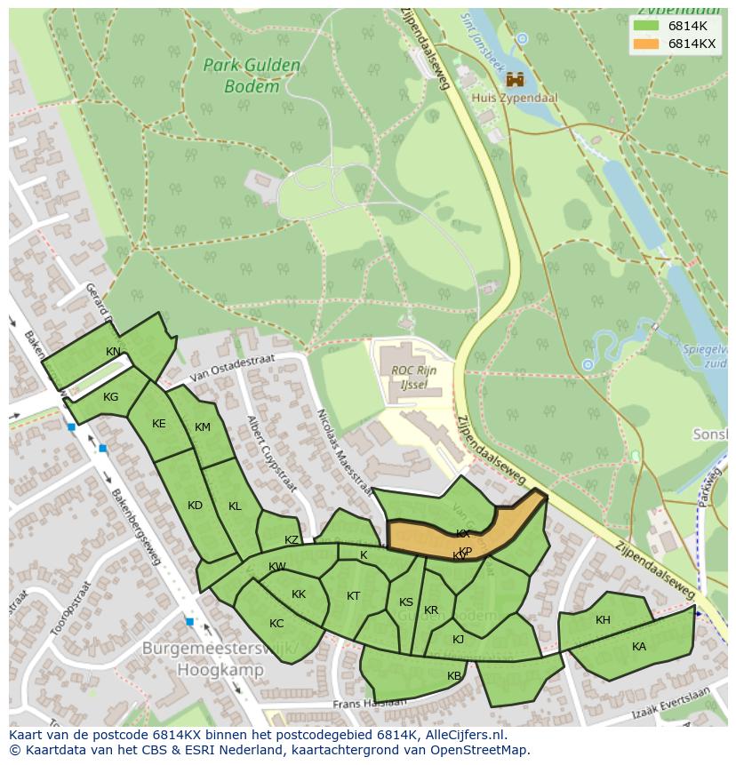 Afbeelding van het postcodegebied 6814 KX op de kaart.