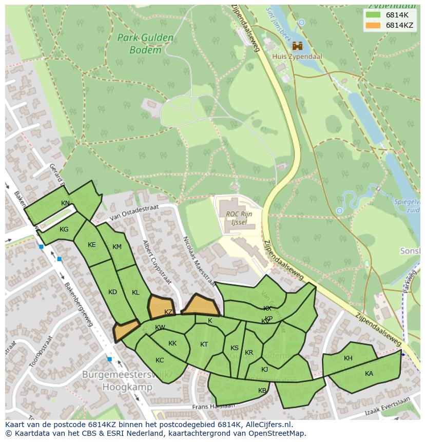 Afbeelding van het postcodegebied 6814 KZ op de kaart.