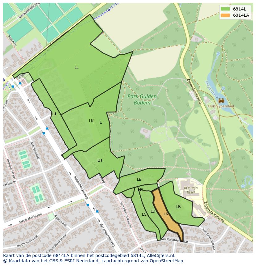 Afbeelding van het postcodegebied 6814 LA op de kaart.