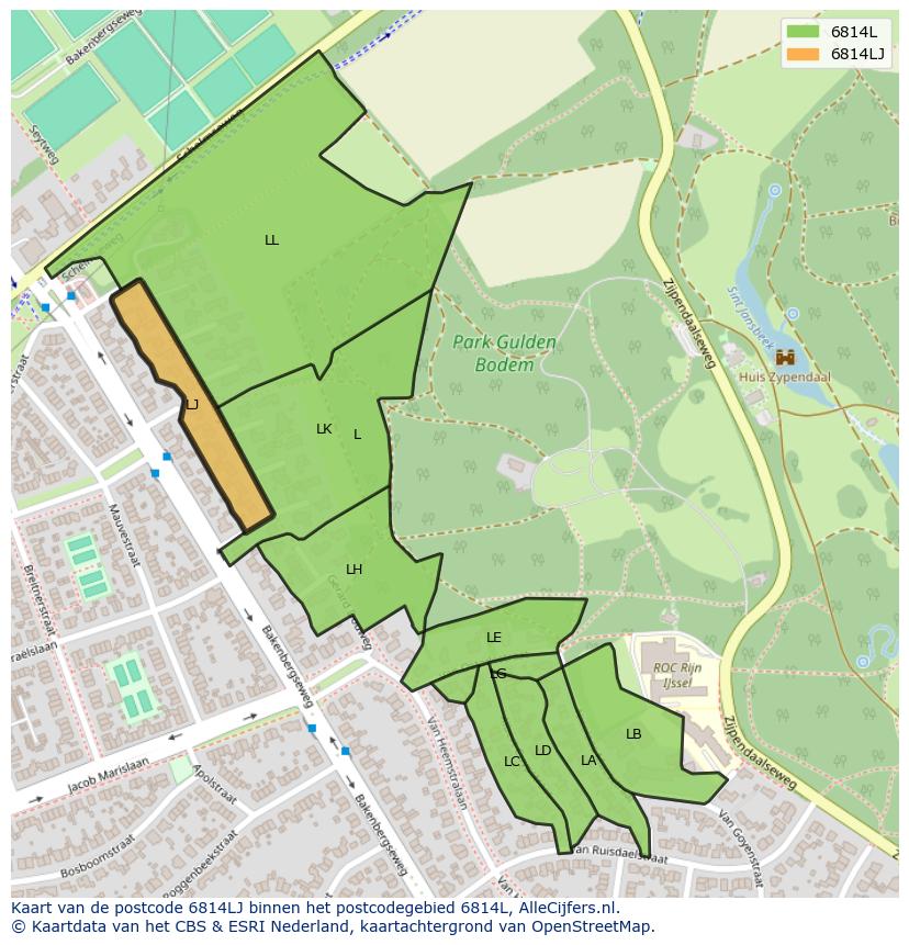 Afbeelding van het postcodegebied 6814 LJ op de kaart.