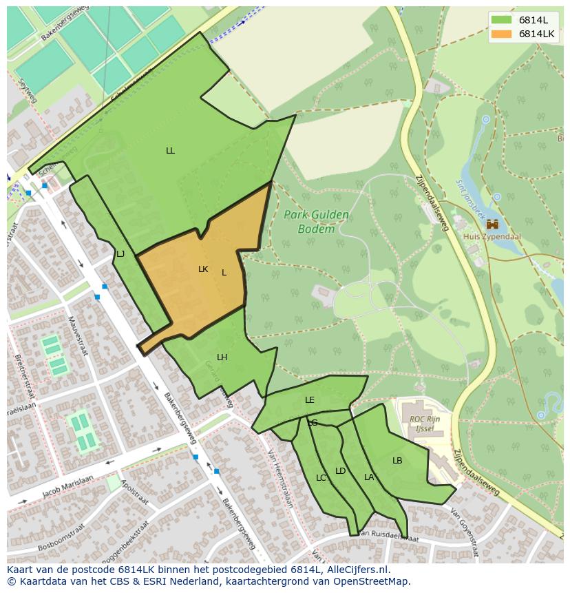 Afbeelding van het postcodegebied 6814 LK op de kaart.