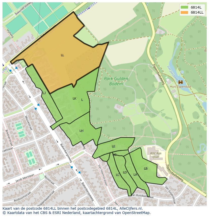 Afbeelding van het postcodegebied 6814 LL op de kaart.