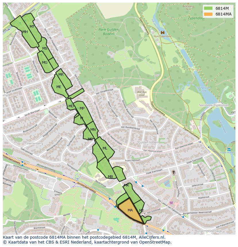 Afbeelding van het postcodegebied 6814 MA op de kaart.
