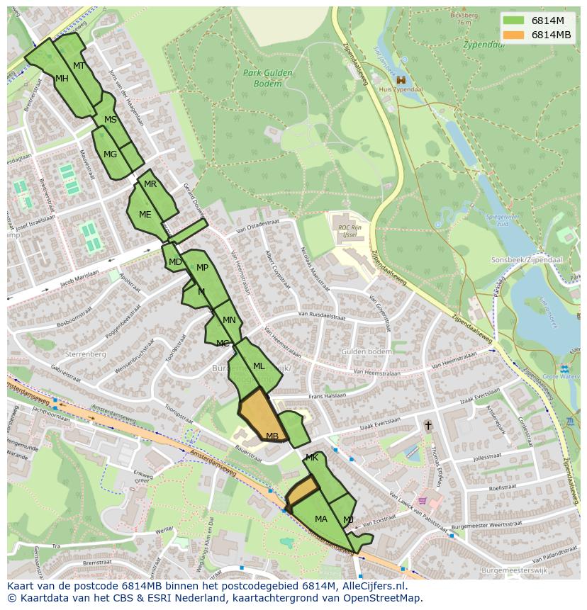 Afbeelding van het postcodegebied 6814 MB op de kaart.