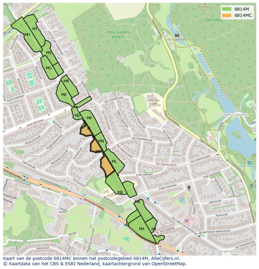 Afbeelding van het postcodegebied 6814 MC op de kaart.