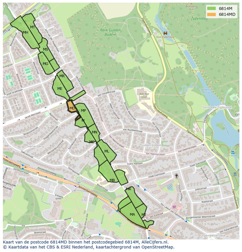 Afbeelding van het postcodegebied 6814 MD op de kaart.