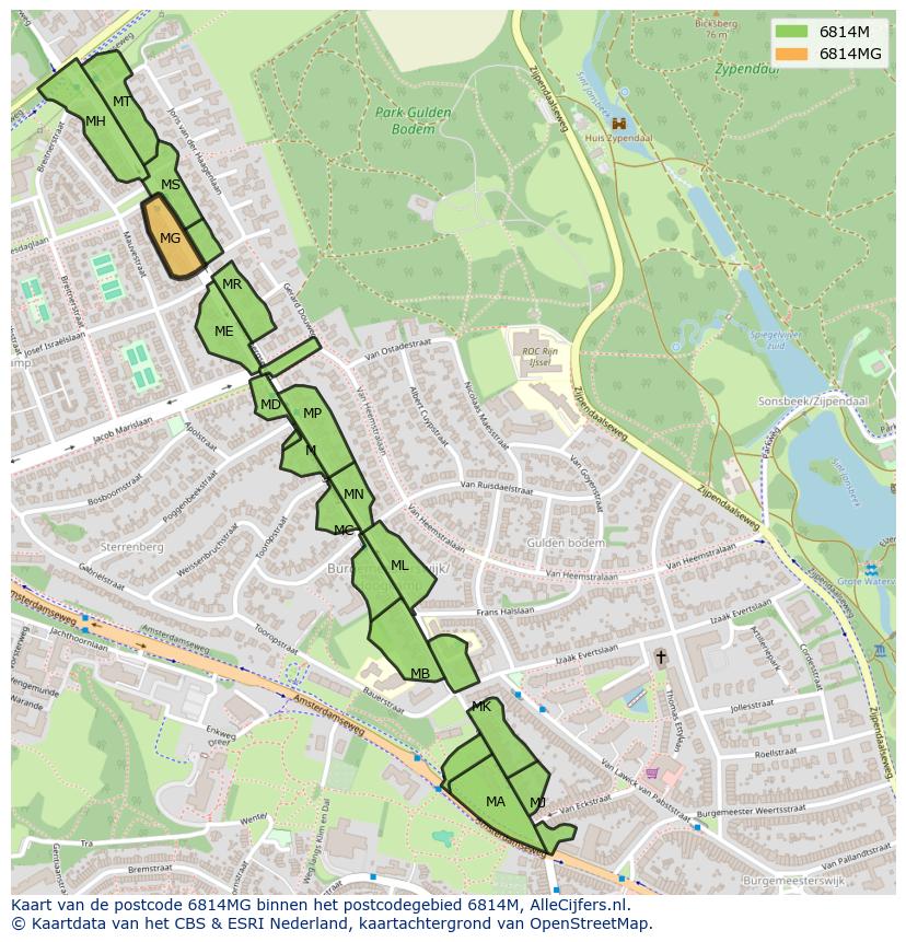 Afbeelding van het postcodegebied 6814 MG op de kaart.