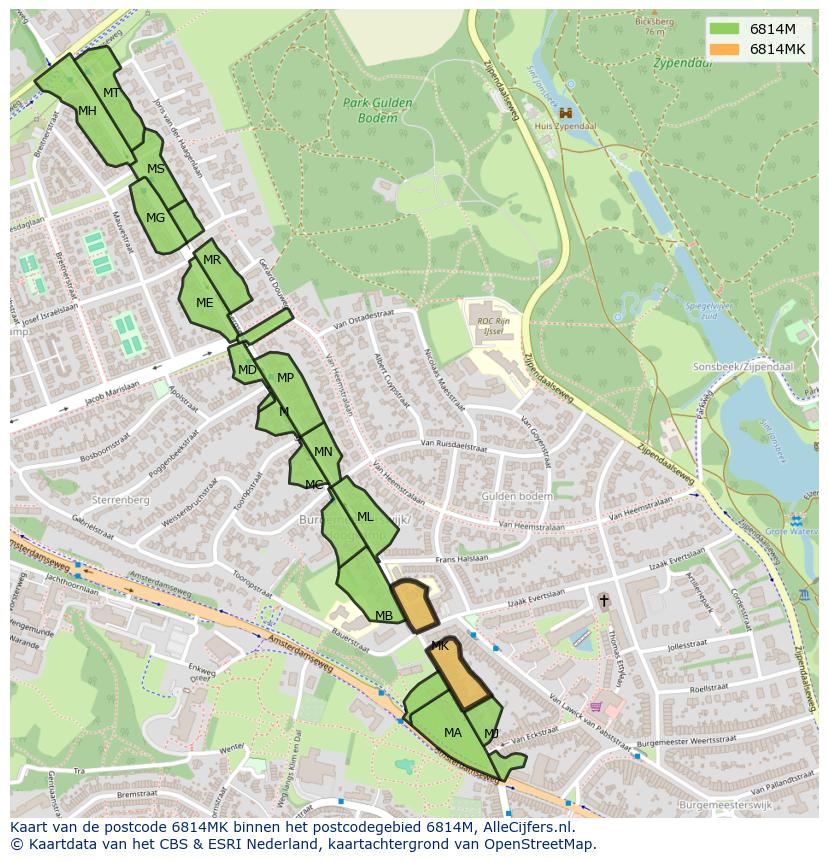 Afbeelding van het postcodegebied 6814 MK op de kaart.