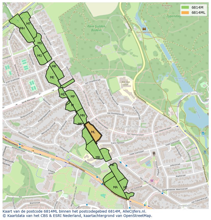 Afbeelding van het postcodegebied 6814 ML op de kaart.