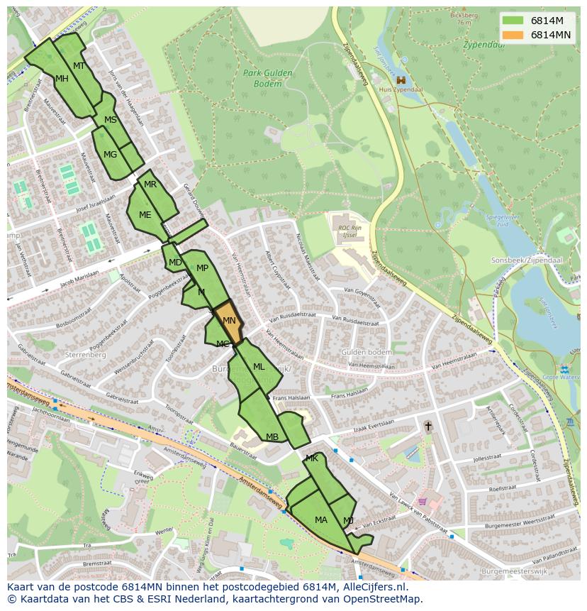 Afbeelding van het postcodegebied 6814 MN op de kaart.