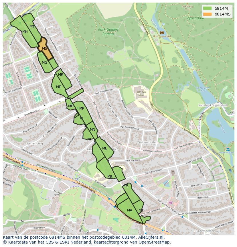 Afbeelding van het postcodegebied 6814 MS op de kaart.