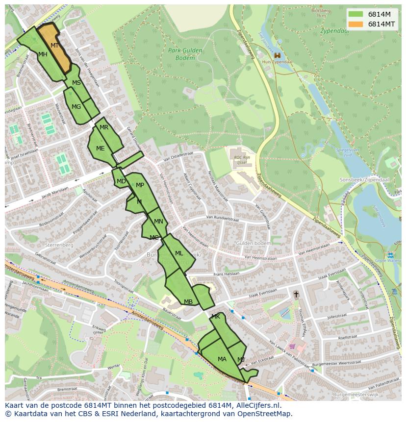 Afbeelding van het postcodegebied 6814 MT op de kaart.