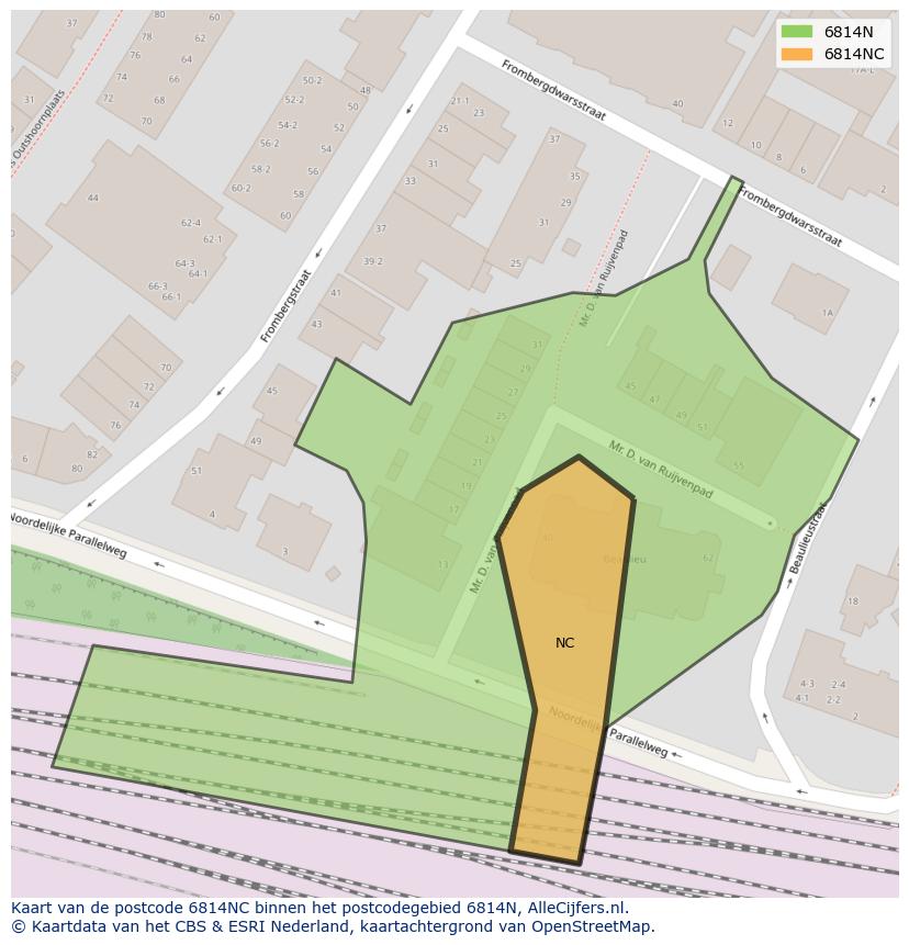 Afbeelding van het postcodegebied 6814 NC op de kaart.