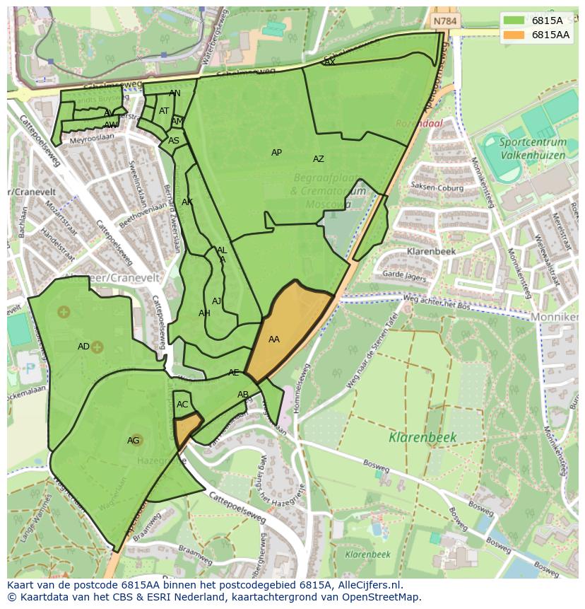 Afbeelding van het postcodegebied 6815 AA op de kaart.
