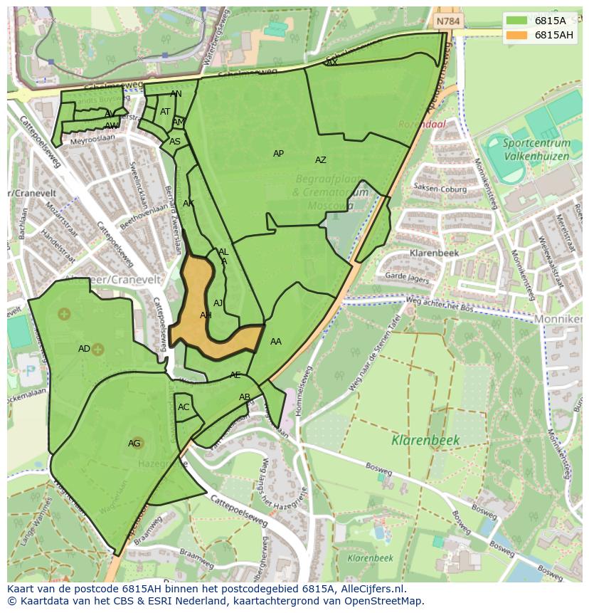 Afbeelding van het postcodegebied 6815 AH op de kaart.