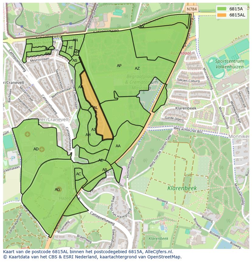 Afbeelding van het postcodegebied 6815 AL op de kaart.