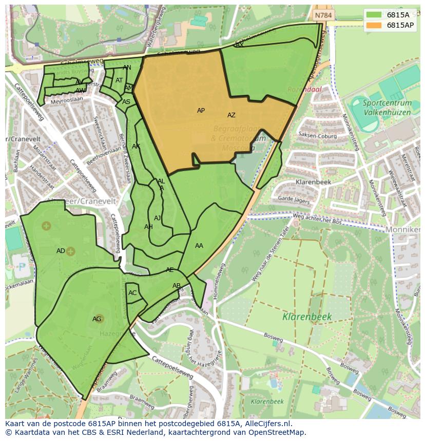 Afbeelding van het postcodegebied 6815 AP op de kaart.