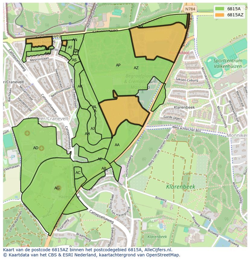 Afbeelding van het postcodegebied 6815 AZ op de kaart.
