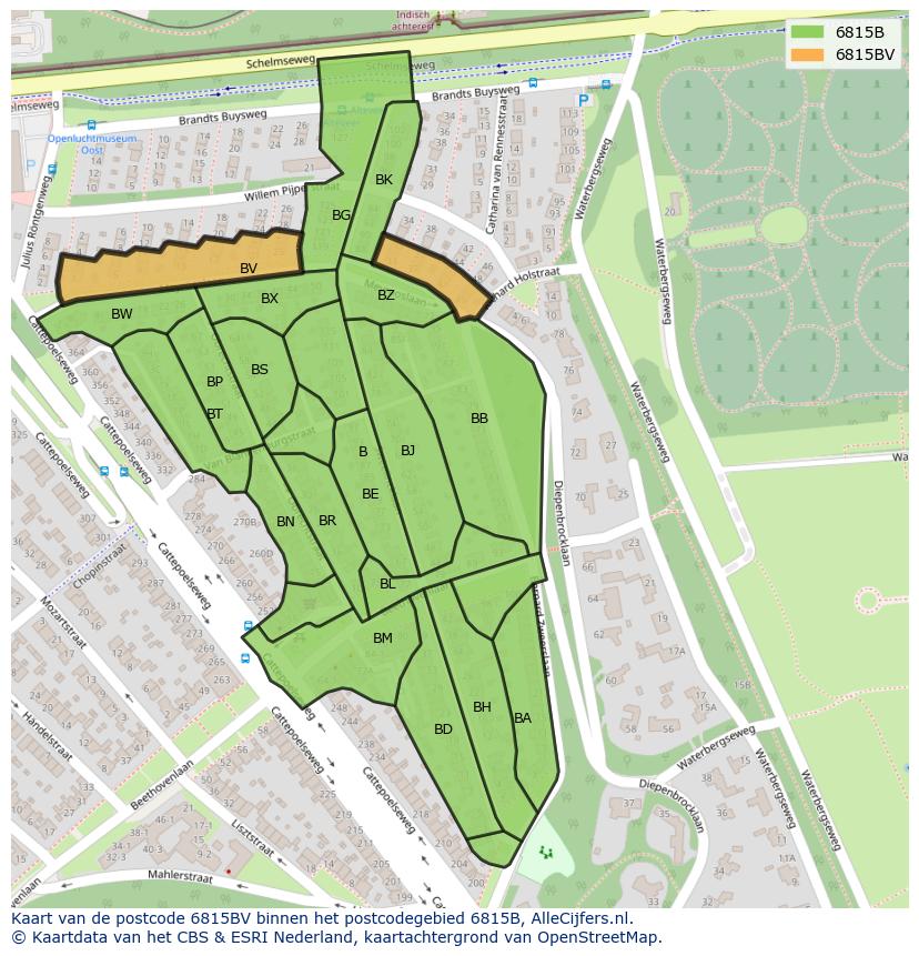 Afbeelding van het postcodegebied 6815 BV op de kaart.