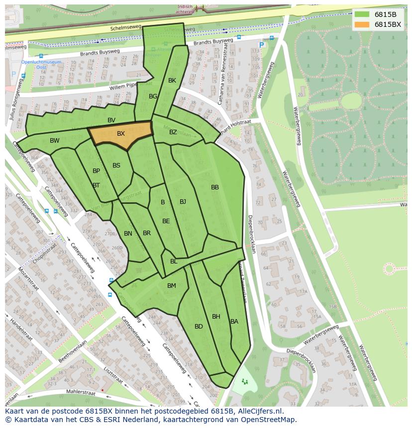 Afbeelding van het postcodegebied 6815 BX op de kaart.