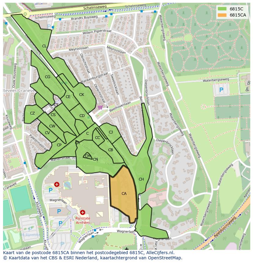 Afbeelding van het postcodegebied 6815 CA op de kaart.