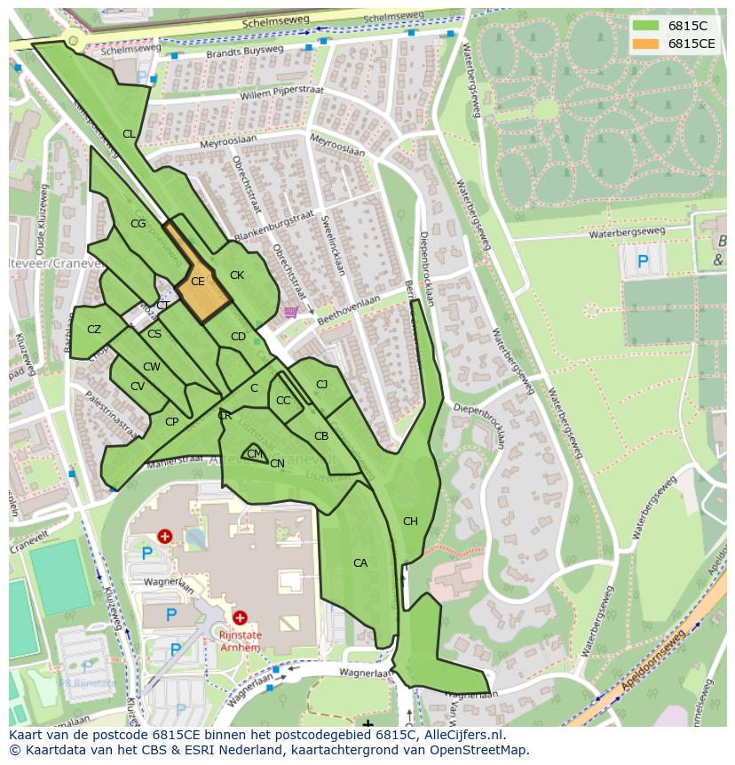 Afbeelding van het postcodegebied 6815 CE op de kaart.