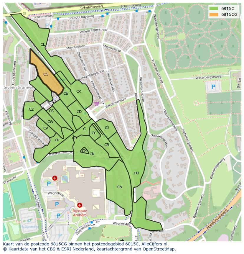 Afbeelding van het postcodegebied 6815 CG op de kaart.