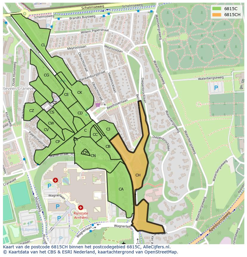 Afbeelding van het postcodegebied 6815 CH op de kaart.
