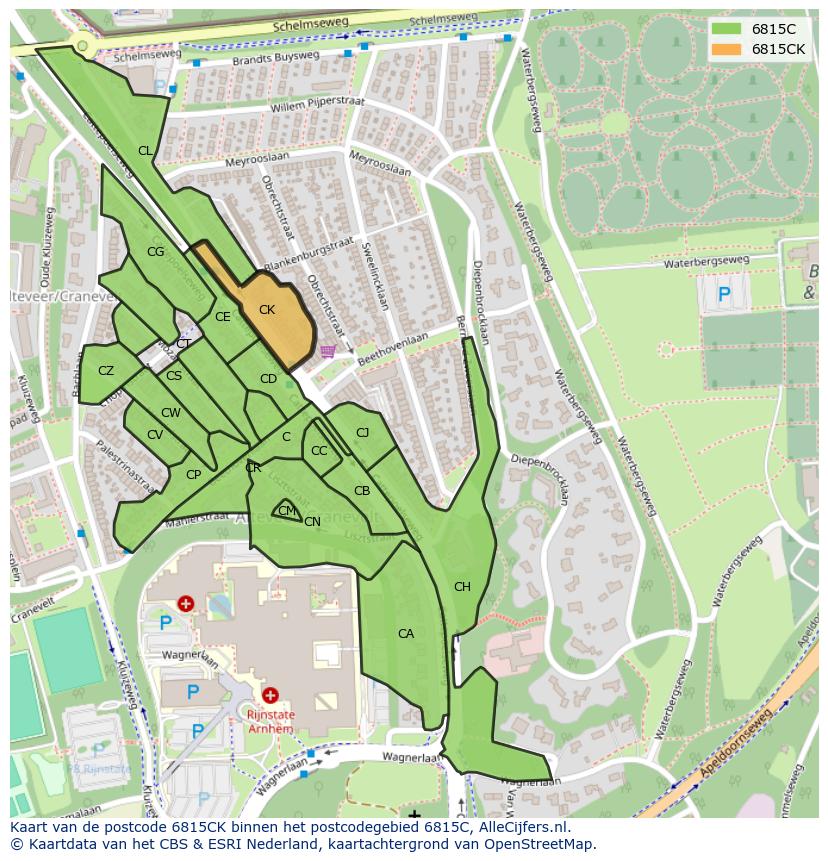 Afbeelding van het postcodegebied 6815 CK op de kaart.