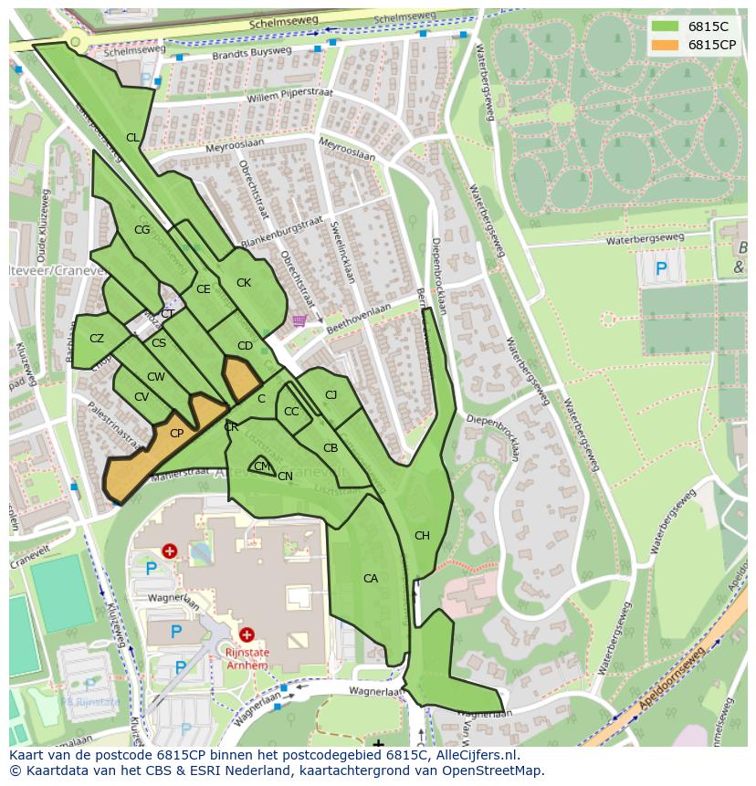 Afbeelding van het postcodegebied 6815 CP op de kaart.
