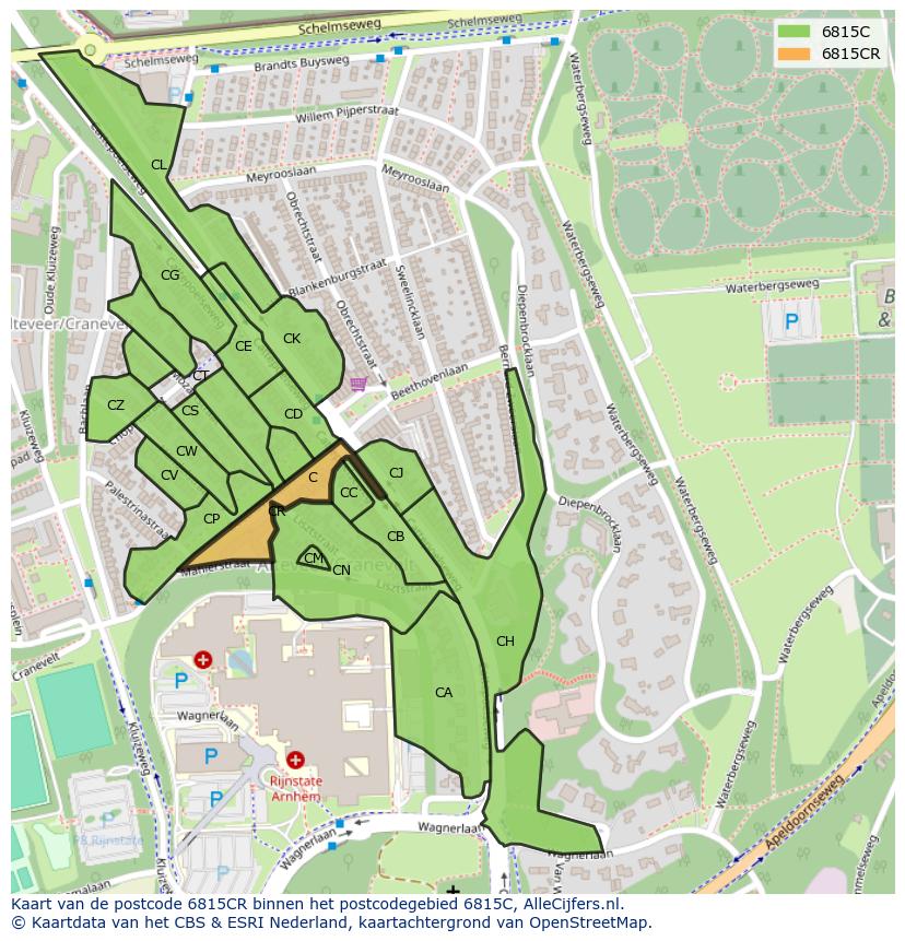 Afbeelding van het postcodegebied 6815 CR op de kaart.