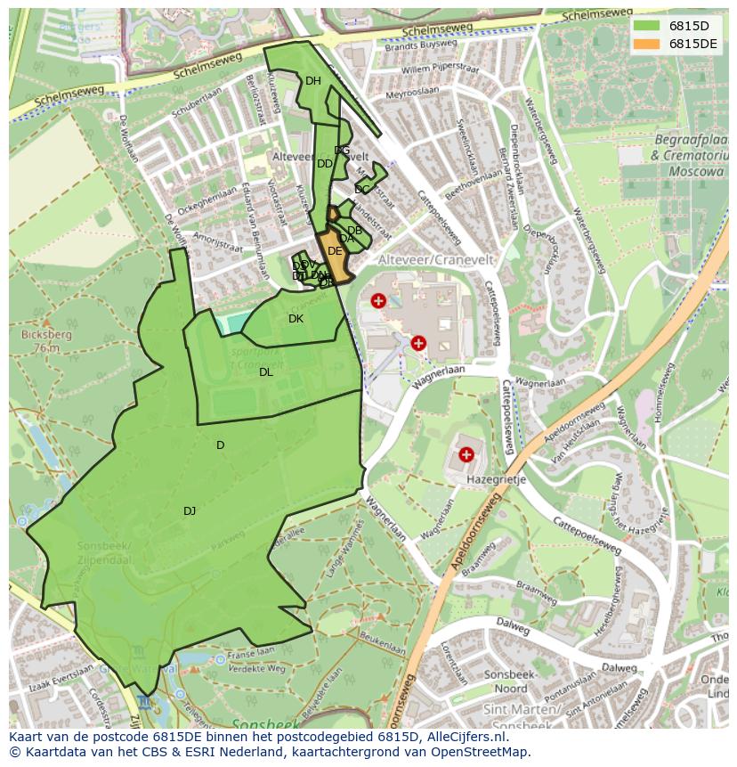 Afbeelding van het postcodegebied 6815 DE op de kaart.