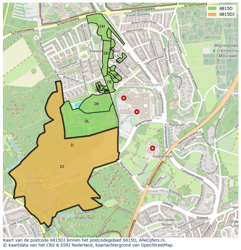 Afbeelding van het postcodegebied 6815 DJ op de kaart.