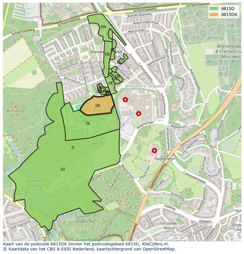 Afbeelding van het postcodegebied 6815 DK op de kaart.