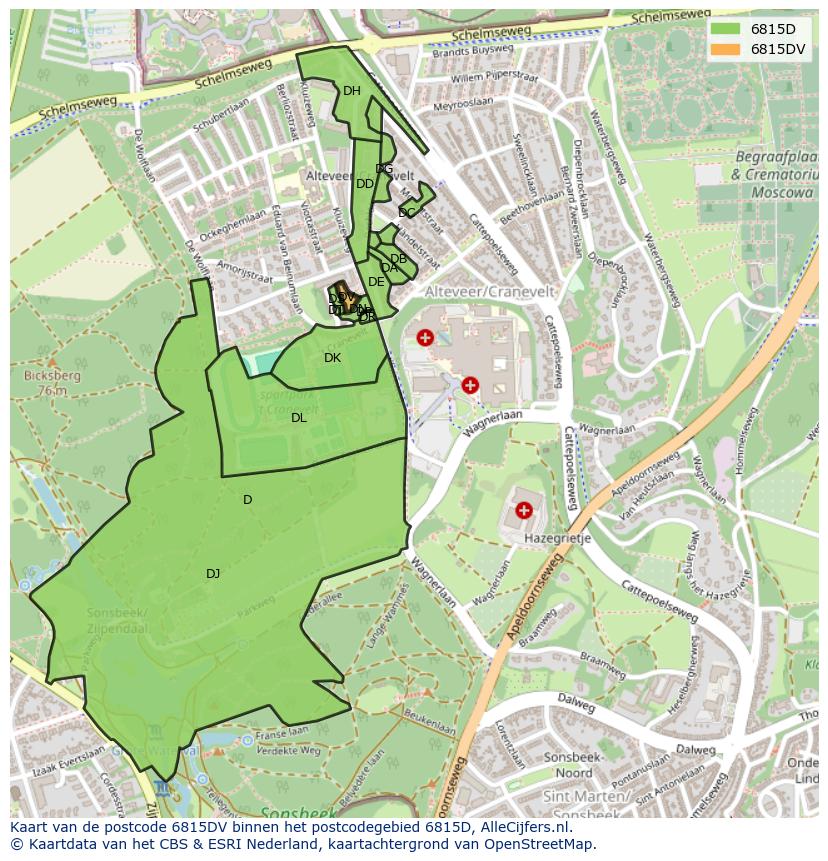 Afbeelding van het postcodegebied 6815 DV op de kaart.