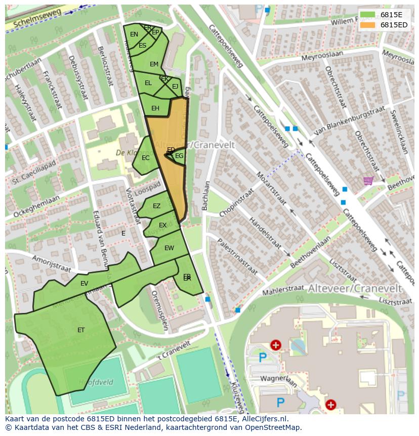 Afbeelding van het postcodegebied 6815 ED op de kaart.